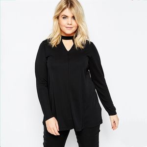 Damen-T-Shirt in Übergröße, hoher Kragen, elegantes Mode-Oberteil, einfarbig, Schwarz, sexy V-Ausschnitt, Langarm, Frühling und Herbst, lässig, T-Shirt-Bluse, 7XL, 8XL, 230912