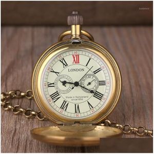 Zegarki kieszonkowe Vintage Retro Copper Watch Men Stop London Mechanical z metalową łańcuchem Steampunk Roman1 Drop dostawa OTMWC