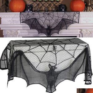 Decorazione per feste Halloween Pipistrelli decorativi Tende Pizzo nero Ragnatela Vacanza Stufa Asciugamano Paralume Camino Decorazione di stoffa per Spoo Dhabd