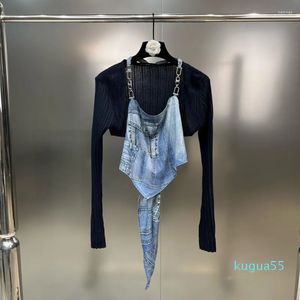 Women's Tanks 2023 Summer Collection Denim Print Camisole Knitted Shawl Overall Two Piece Set Women
