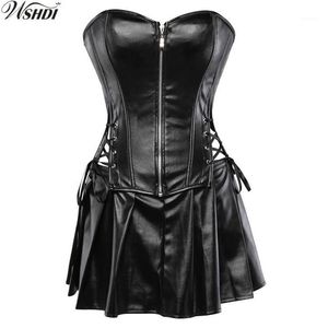 Black Faux Leather Corset Dress Overbust Boned Basque Mini Skirt Sexy Lingerie Bodyshaper Slimsuit Nightwear S-6XL Plus Size12125