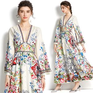 Vacances manches évasées femmes robe vintage 2023 concepteur de piste imprimé floral mince a-ligne robes décontractées printemps automne mode de1894