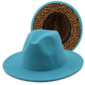 Pink and Leopard Wool Wool Feel Fedora Hats Women Men Patchwork Wide Rzem Jazz Formalny kapelusz z skórzanym zespołem192n