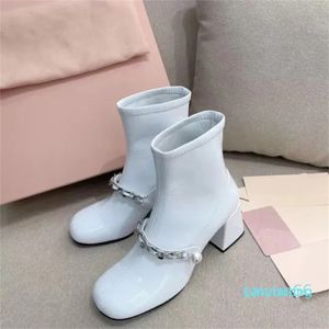 Women's Boots Pearl Chain Buckle Designer Boot Chunky High-Hers Winter Shoes 2024