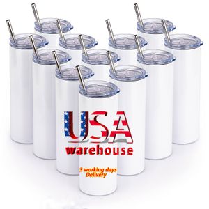 US CA armazém 20 onças de sublimação de aço inoxidável em branco tumblers em linha reta branco magro tumbler com palha e tampa atacado a granel 913