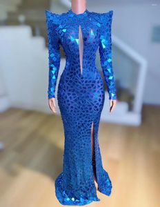 Сценическая одежда, длинное платье со шлейфом, синие зеркала, вечерний наряд для выпускного вечера, дня рождения, сексуальный костюм, клубный костюм Lanjing