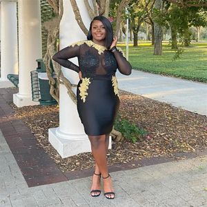 Black Plus Size Prom Dress With Gold Lae Long Sleeve Short African Evening Dresses 2023 Elegant Women Graduation Party Skirt 322