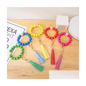 5 Colors Fashion Pure Color Pattern Wood Beads Bracelets Keychains Wrap Tassels Bracelet Keychain Round Bangle Keyring By Drop Delivery