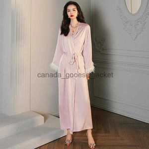 Womens Sleep Lounge Womens Sleepwear Ladies Sexy Morning Bride Silk Satin Robe With Feathers For Womens Pajamas Female Sete 2 Pieces Nightgown Home ClothesWomeL230