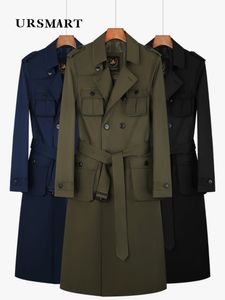 Trench Coats masculinos longo na altura do joelho trench coat para moda masculina vários bolsos duplo breasted split back britânico resistente e grosso forro interno 230912