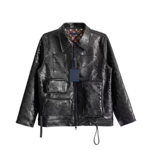 Men and women leather coat jacket motorcycle embossed embossing tooling multi-pocket couple M L XL