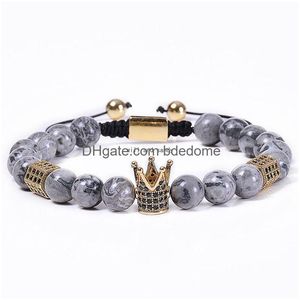 Frisado Cobre Zircão Diamante Coroa Pulseiras Natural Mapa Pedra Beads Strand Pulseira Trançado Cuff Para Mulheres Homens Moda Jóias Will A Dhlak