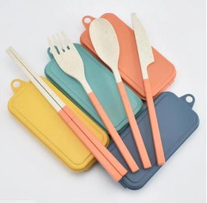 Klappbesteck-Set aus Weizenstroh für Kinder, Messer, Gabel, Löffel, Essstäbchen, tragbares Geschirr-Set, Besteck-Set für Reisen und Camping