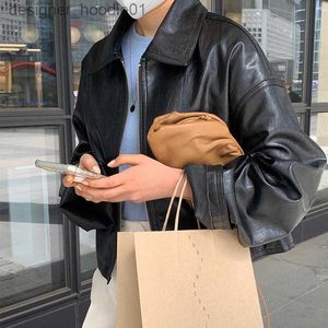 Jaquetas masculinas de pele sintética de pele falsa outono mulheres jaqueta de couro falso senhoras manga comprida zíper casaco pu estilo coreano chique solto streetwear casacos de motociclista w l230913