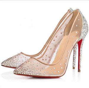 Scarpe firmate Nuova Primavera Estate Stili eleganti Scarpe da donna Strass Tacchi alti Cristalli Décolleté a punta in rete Scarpe da sposa suola rossa con scatola