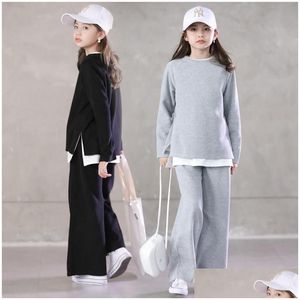 Set di abbigliamento Set per ragazze adolescenti 2021 T-shirt a maniche lunghe allentate primaverili Pantaloni a gamba larga 2 pezzi Completo per tuta per bambini 14 Y Abiti per bambini Dhruw