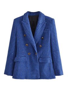 Ternos femininos Blazers Mulheres Jaqueta Moda Double Breasted Tweed Check Slim Blazer Casaco Vintage Manga Longa Bolsos Feminino Outerwear Chic 230912