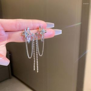 Dangle brincos coreano prata cor cristal estrela corrente borla para mulheres punk hip hop strass cruz pendurado jóias