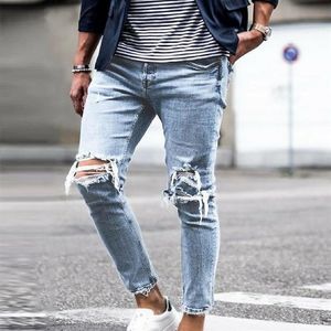 Vertvie män rippade jeans avslappnad mager jean förstörde hål smal fit denim byxor man ankel elastisk denim jean byxor streetwear2841