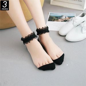 Meias femininas 3 pares com babados rendas verão princesa meninas vintage ultrafino transparente cristal seda fada/lolita tubo baixo