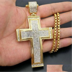 Colares Pingente Hip Hop Iced Out Big Cruz Colar Para Homens Cor De Ouro De Aço Inoxidável Strass Hiphop Christian Jewelrypendant Dr Dh8Ev