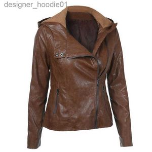 Jaquetas masculinas de pele sintética, jaquetas femininas de cor sólida, jaqueta de couro pu, primavera, outono, casacos femininos com capuz, moto biker, zíper 2021 L230913