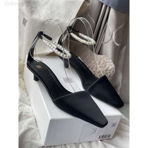 Toteme designer shoes Strap Satin Black Women Pumps Shoes Ankle Pearl Italy 3.5cm High Heel European Size 35-40 Original Box Real Photos