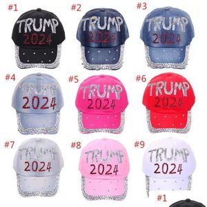 Chapéus de festa Trump 2024 Denim Chapéu Casual Diamante Boné de Beisebol Ajustável Algodão Atacado Gota Entrega Home Jardim Festivo Suprimentos Dhqea