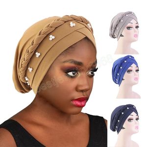 Neue Damen Haarpflege Muslim Turban Haarausfall Stretch Geflecht Perlen Kopftuch Lady Beanie Bonnet Indian Turbante Hut Chemo Cap