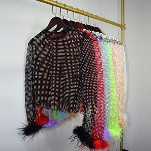 Koszule damskie leqoel seksowne kobiety długie rękaw struś bułki do włosów topy fishnet siatka widzi rhinestone bez pleców lampy błyskowe żeńskie ubranie żeńskie