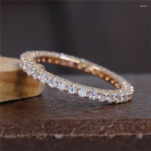 Cluster Rings RandH 18K Yellow Real Gold Full Set Moissanite Women's Ring 0.90CT-1.40CT Sparkly Round Cut Pave Eternity Match Band