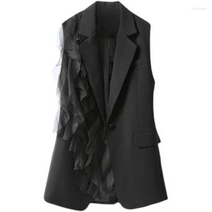 Gilet da donna SuperAen gilet nero autunno 2023 stile coreano moda giunzione chiffon bordo orecchio in legno