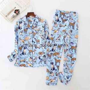 Damen-Schlaf-Lounge-Pyjama mit Hundemuster, gebürstete Baumwolle, 2-teiliges Set, langärmlig, elastische Taille, Hose, Lounge-Nachtwäsche-Pyjama S80001 210330L230913