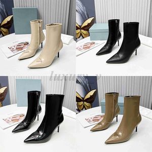 Designer Ankle Boots Women High Thin Thin Heels Patent Leather Boots Spetsade tår Stilettos mode halv chunky tossor med låda