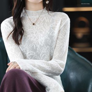 Kvinnors tröjor Casual Hollow spets stickad tröja Autumn White Pullover Elegant Stand Collar Women kläder Jumper Bottom Tops Kvinna