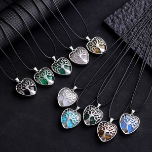 Natural Stone Heart Tree Of Life Pendant Necklaces Opal Rose Quartz Tiger's Eye Lapis charm Necklace For Women Jewelry