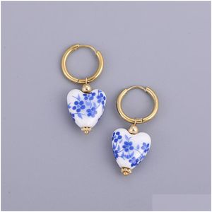 Hoop Huggie Hie Asymmetric Handmade Round Heart Flower Ceramic And Pearl Earrings For Women Golden Color Stainless Steel Circle 230424 Dhxkz