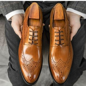 Dress Shoes Blue for Man Luxury Genuine Leather Quality Classic British Trend Mens Burgundy Brogues Business Wedding 230912