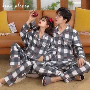 Femmes sommeil salon Couple pyjamas ensemble vêtements de nuit tartan automne hiver coton pyjama costume femmes hommes à manches longues Pijama amoureux robe de nuit bouton 210325L230913