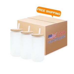 US CA STOCK 16oz Glass Mugs Sublimation Blanks Tumblers Frosted Clear Juice Soda Jars Cups With Plastic Straw And Bamboo Lid