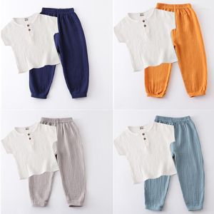 Kläder sätter sommar 2st barnkläder Muslin Linen Bomullsdräkter Kort ärm T-shirt Loose Pants pojkar flickor barn springer kläder