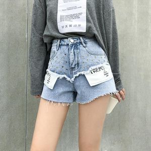 Calças de brim femininas soltas carta bolso denim shorts mulher 2023 verão moda senhoras curto cintura alta streetwear azul sexy