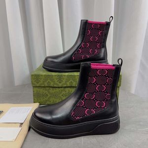Rockoko Boots Women Boot Combat Ankel Martin Shoes Luxury Leather Biker Knit Stretch Fabric Shoe Platform Mid-Top Booties