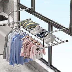 Storage Holders Racks Balcony Telescopic Shoe Rack Coat Hanger Stainless Steel Drying Shoes Clothes Towel Bar Window Shelf 230912