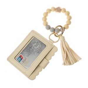Party Favor Us Stock Pu Leather Bracelet Wallet Keychain Tassels Bangle Key Ring Holder Card Bag Sile Beaded Wristlet Keychains Drop D Dhgva