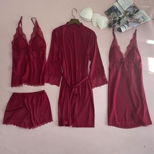 Women's Sleepwear Burgundy Women Pajamas Set Satin Silky 4PCS Sexy V-neck Sleep Lace Patchwork Pyjamas Suit Casual Home Clothes