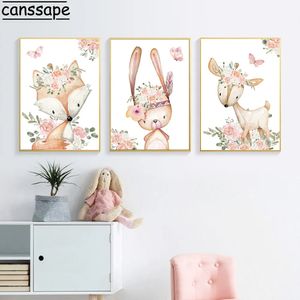 Volpe Arte della parete su tela Coniglio Stampa Cervo Tela Pittura Cartoon Animal Poster Fiore Nursery Poster da parete Nordic Girl Room Decor L01