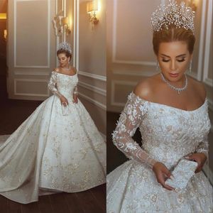 Plus Size Wedding Dresses Off Shoulder Lace Beads Long Sleeve Long Sleeves Arabic Vestido de novia Gowns Bridal Dress238z