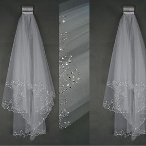 Nouveaux voiles de mariage de luxe court mariage voile de mariée 2 couches à la main cristal perlé longueur du coude accessoires de mariée voile blanc Ivor309q