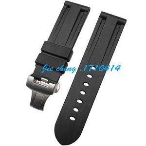 Jawoder Watchband 24mm Men Watch Bands Black Diving Silicone Rubber Strap rostfritt stål Implettering Spänne fast